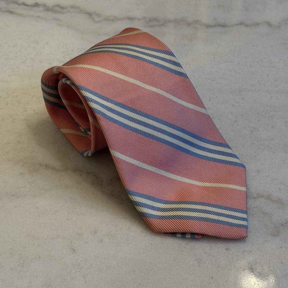 Lands' End Necktie Pink Blue Striped 100% Silk Hand Sewn Made in USA Tie